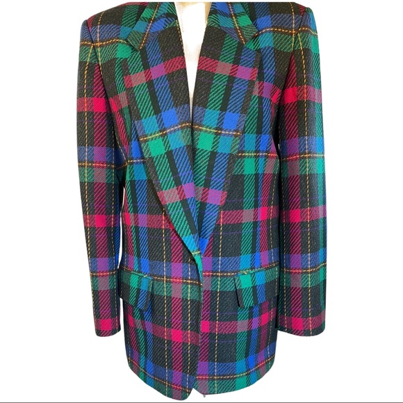 Pendleton Blazer Fuscia pink, charcoal gray, green, & blue plaid Wool Blazer - Picture 6 of 16